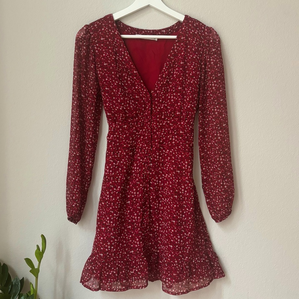 Petite Red Ditsy Floral Button Through Dress - V-Neck - Tie Back